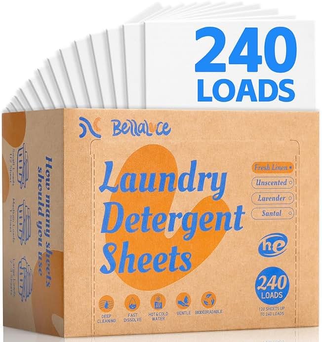BellaLuce Laundry Detergent Sheets - Laundry Sheets, 240 Loads, Eco-Friendly, Plastic-Free, Fresh Linen Scent, Space Saving, Fast Dissolve & Hypoallergenic, Laundry Detergent for Home,Dorms,Essentials - Product Image