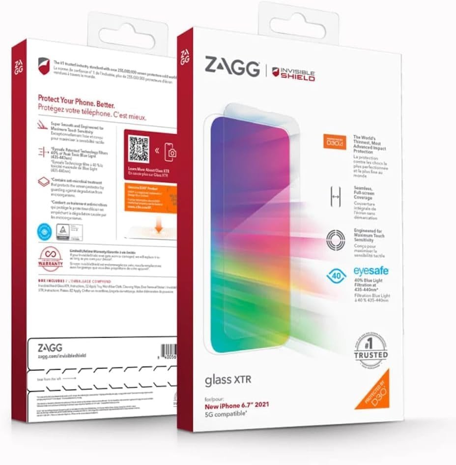 ZAGG InvisibleShield XTR Glass Screen Protector with D3O for iPhone 17e / 16e / 14/13 / 13 Pro – Scratch & Impact Resistant, Touch Sensitive, Gaming Optimized, Blue Light Filtration – Clear - Product Image