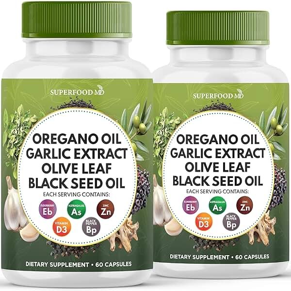 Superfood MD Oregano Oil, Garlic Extract, Olive Leaf, Black Seed Oil, Astragalus-Immune Support & Digestive Health Supplement for Women and Men- 120 Count - Product Image