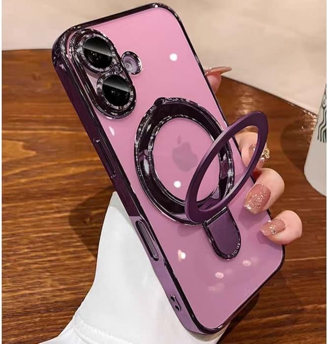 ZinLyuen Magnetic Ring Case for iPhone 16 Case Kickstand Compatible with MagSafe Built-in Camera Lens Protector Shockproof Phone Case for iPhone 16 6.1" - Purple - Product Image