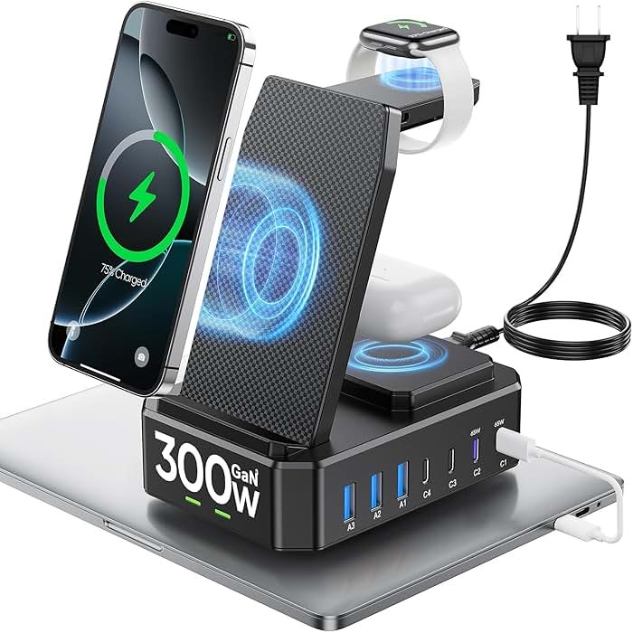 300W Charging Station for Multiple Devices Apple,10 in 1 Wireless Charger for iPhone,GaN III USB C 65W PD Fast Charging Stand Dock for MacBook,iWatch&Airpods (Wireless Charging Only for Apple) - Product Image