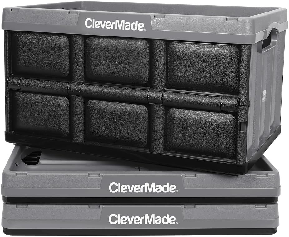 CleverMade Collapsible Storage Bins 46L (3-Pack) – Heavy Duty Collapsible Plastic Storage Bins, Stackable Folding Storage Bins for Car, Garage, Home Organization - Foldable Bins, Stone - Product Image