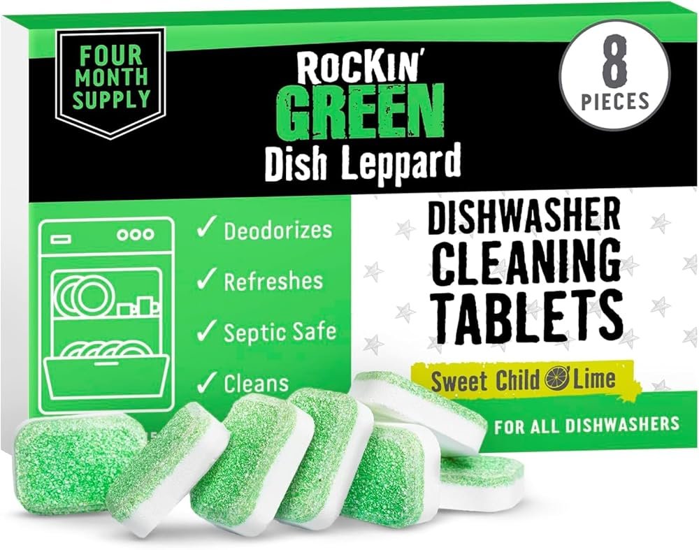 Rockin' Green Deep Cleaning and Deodorizing Tablets for Dishwashers, Washing Machines, and Garbage Disposals, Removes Odor and Residue (Dishwasher Cleaning Tablets, 8 Pack) - Product Image