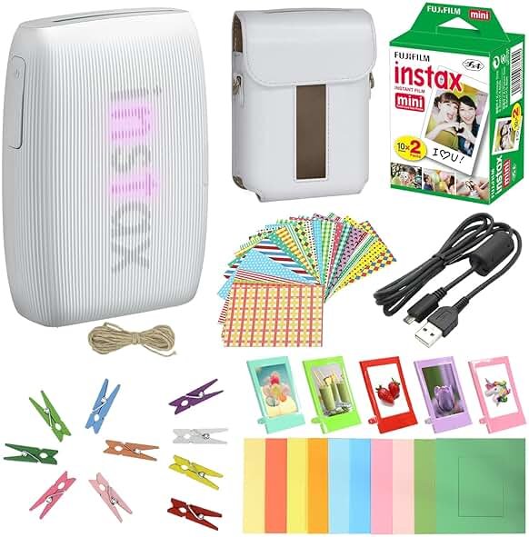 Bundle with Compatible Fuji Mini Link 3 Smartphone Printer Clay White + Fuji Film Value Pack 20 Sheets Accessories Bundle with Album + 5 Plastic Desk Frames + Paper & Sticker Frames (Clay White) - Product Image