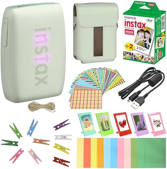 Bundle with Compatible Fuji Mini Link 3 Smartphone Printer Clay White + Fuji Film Value Pack 20 Sheets Accessories Bundle with Album + 5 Plastic Desk Frames + Paper & Sticker Frames (Sage Green) - Product Image