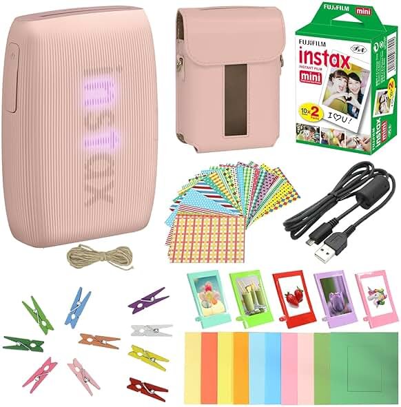 Bundle with Compatible Fuji Mini Link 3 Smartphone Printer Clay White + Fuji Film Value Pack 20 Sheets Accessories Bundle with Album + 5 Plastic Desk Frames + Paper & Sticker Frames (Rose Pink) - Product Image