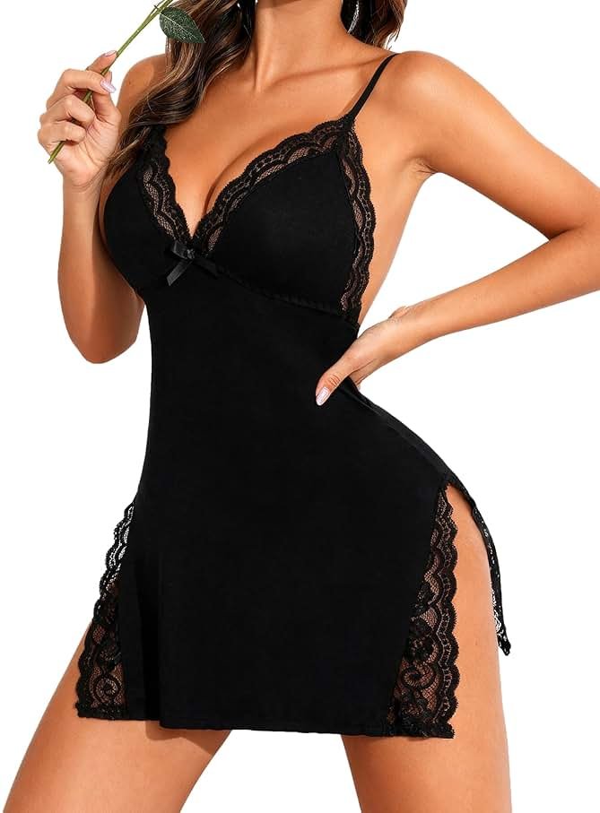 Girece Lingerie for Women Sexy Nightgown Lace Trim Sleep Dress with Side Slit Night Gowns Soft Loungewear Sleepwear - Product Image