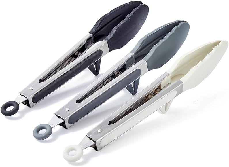 9" Kitchen Tongs, 3Pcs Tongs for Cooking with Silicone Tips, Food Grade Small Silicone Tong, Mini Serving Tong for BBQ Salad(Black,Grey, White) - Product Image