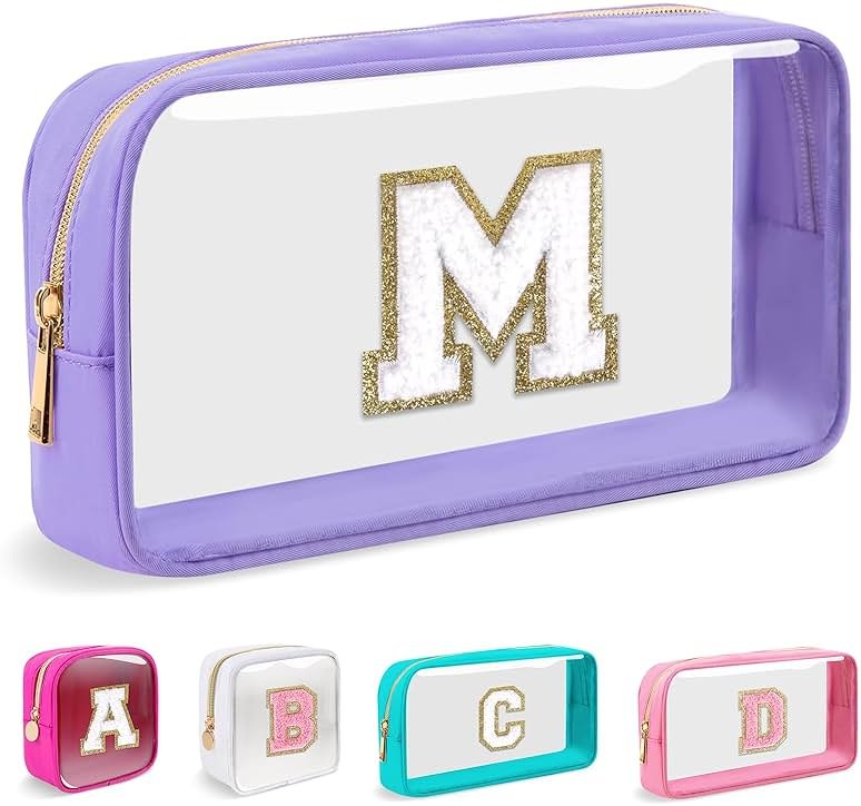 Small Clear Personalized Initial Makeup Bag,Nylon Preppy A-Z Chenille Letter Patch Cosmetic Pouch Beach Toiletry Bag,Waterproof Zip Travel Purse Storage Bag Organizer for Women Girls(Purple-White M) - Product Image