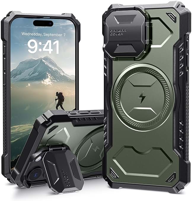 ALAFLY for iPhone 16 Pro Max Case with Camera Cover Kickstand, Heavy Duty, Military Grade Protection, Build-in Magnet Compatible with MagSafe, Shockproof Protective Case, Green - Product Image