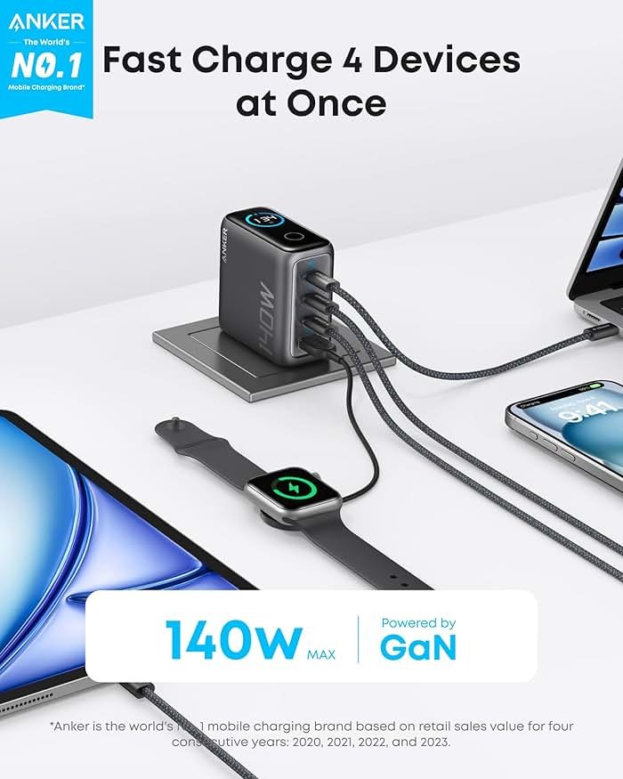 Anker MacBook Pro Charger,140W Max 4-Port GaN USB C Charger Block with Smart Display,Fast Charger USB C Power Adapter,Touch Controls for Macbook,iPad,iPhone 17/16 Series(Include 5FT Cable,Non-Battery) - Product Image