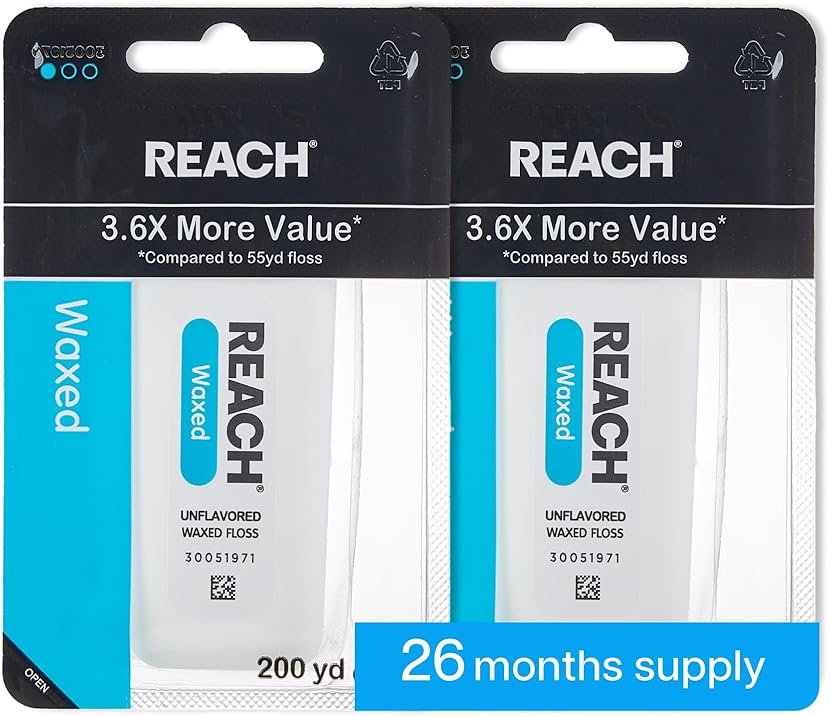 REACH Waxed Dental Floss, Unflavored, 3.6X More Value, Plaque Remover for Teeth, Shred Resistant, Floss Slides Smoothly, Easy to Use, Waxed, Oral Care, PFAS Free, for Adults & Kids, 2 Pack, 200 yd - Product Image