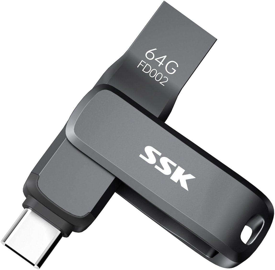 SSK USB 3.2 Flash Drive 64GB,Up to 240 MB/S Read Speed USB C Memory Stick,Dual USB C Thumb Drive with USB Type-C and USB A,Robust Black Metal Pen Drive for Smartphones,Tablets,Mac,Laptop,Car,TV - Product Image