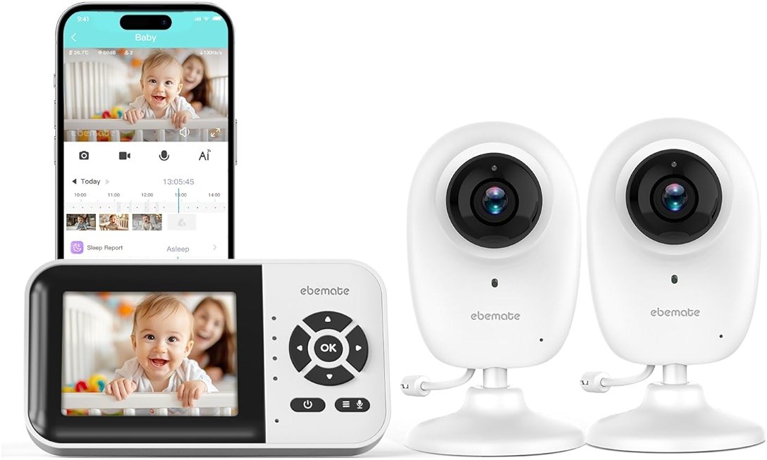 ebemate WiFi Video Baby Monitor with 2 Camera,2.8" Display with 1500Ft Long Range,WiFi On/Off,1080P No Glow Night Vision,2-Way Talk Baby Cam Monitoring - Product Image
