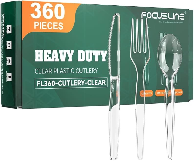 FOCUSLINE 360 Count Clear Plastic Silverware, 120 Forks, Knives and Spoons Each, BPA-Free, Heavy Duty Disposable Cutlery Set, Premium Disposable Flatware Plastic Utensils for Party Everyday Use - Product Image