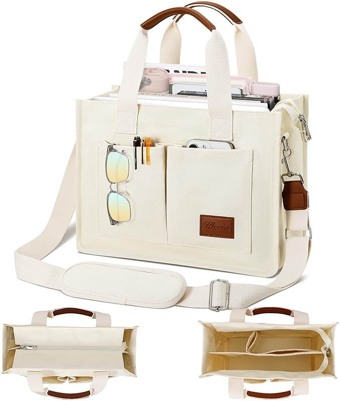 KKXIU Large Canvas Tote Bag for Women with Zipper and Compartments Crossbody Work Bible Messenger Purse Bag With Pockets - Product Image