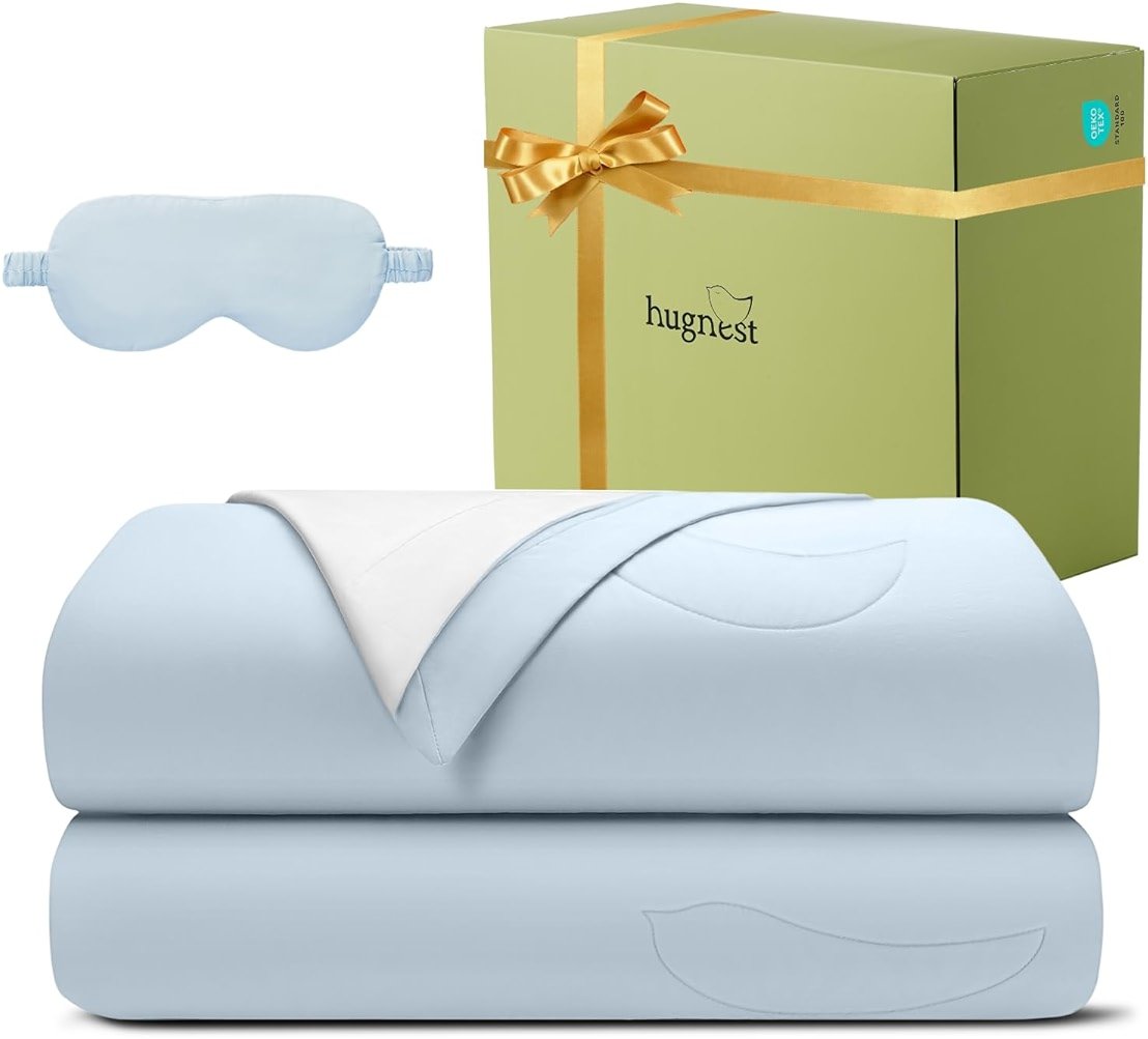 HugNest Comforter Set Queen Size Blue - Luxury Soft Tencel Cotton Bed Set, Breathable Lightweight Comforters for All Seasons, 3 Pieces, 1 Comforter (90"x90") and 2 Pillow Cases (20"x30") - Product Image