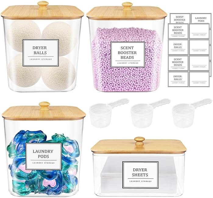 HomePekite Laundry Pods Storage Container, Clear Laundry Room Organization and Storage ,Detergent Powder Container,with Wooden Lids & Labels, 3+1 Pack - Product Image