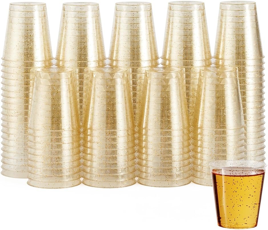 MATANA 60 Glitter Gold Plastic Shot Glasses 1oz - Reusable, Clear Cups for Jelly Shots, Sample Tasting - Parties, Birthdays, Weddings - Product Image