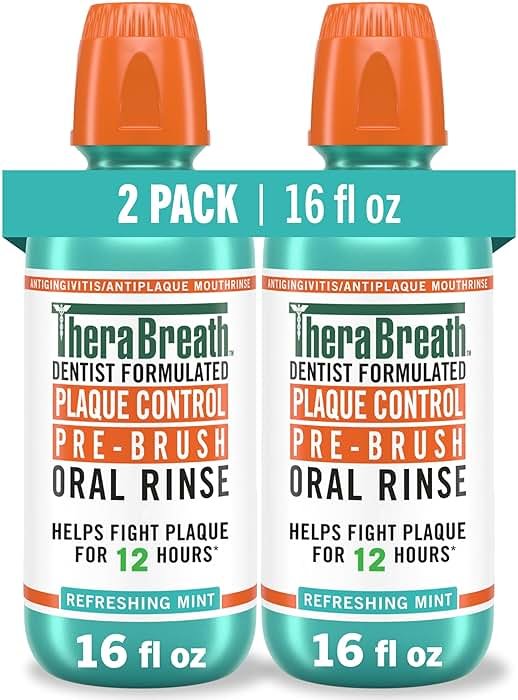 TheraBreath Plaque Control Pre-Brush Oral Rinse, Refreshing Mint Flavor, Antigingivitis and Antiplaque Rinse, Dentist Formulated, Alcohol Free, 16 Fl Oz (Pack of 2) - Product Image