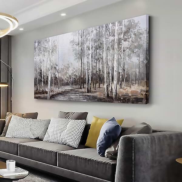White Birch Tree Wall Art Grey Forest Painting Abstract Canvas Art Landscape Panoramic Picture Nature Artwork Framed for Living Room Bedroom Dinning Room Home Office Wall Decor 40"x20" - Product Image