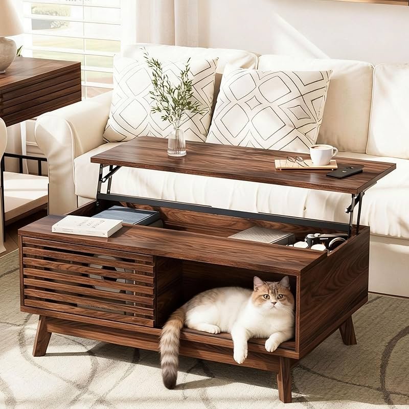 HAIOOU Lift Top Coffee Table, Mid Century Modern Coffee Table with Storage for Living Room, 35.4'' Walnut Coffee Tables with Sliding Fence Door (Brown) - Product Image