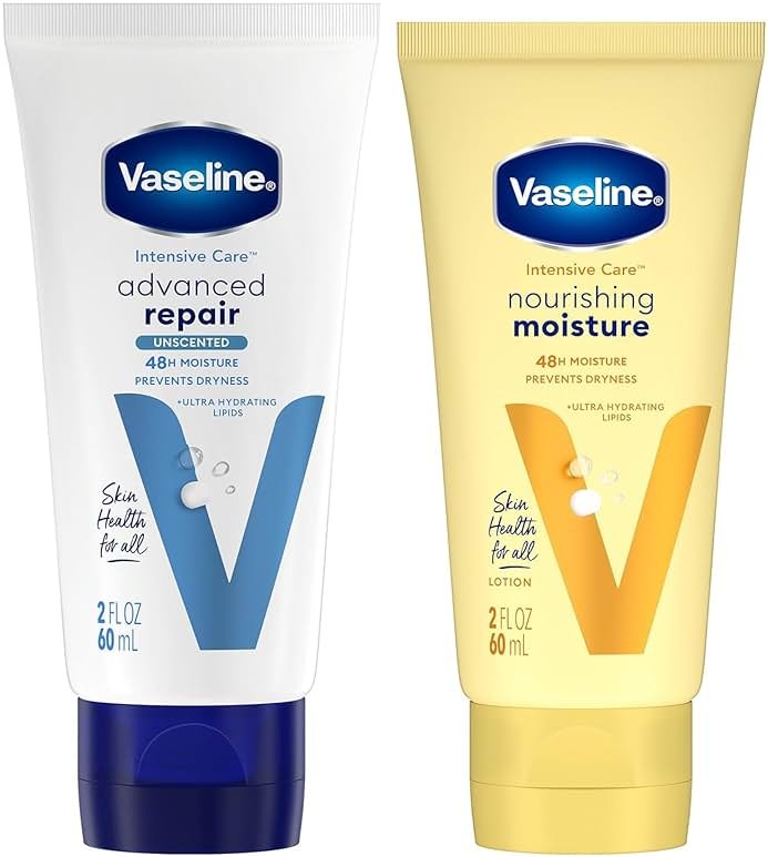 Vaseline Intensive Care Lotion Bundle – Advanced Repair Unscented Formula and Nourishing Moisture Hand and Body for Extremely Dry Skin, 2 OZ Ea (2 Piece Set) - Product Image