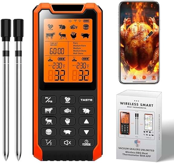 PRAVETTE Smart Bluetooth Meat Thermometer - Long Range Wireless Food Thermometer, Digital Meat Thermometer with Dual Probes for BBQ Grill, Oven, Smoker, Air Fryer - Product Image
