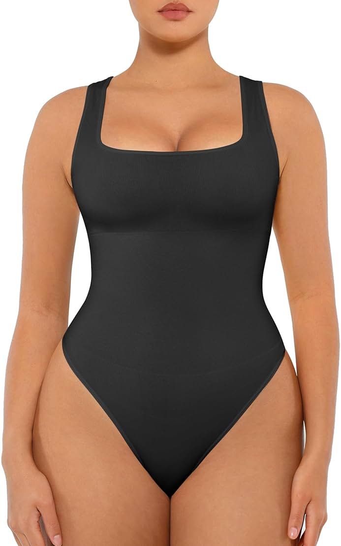 FeelinGirl Bodysuits for Women Seamless Square Neck Tummy Control Compression Thong Shapewear Bodysuit Tank Tops Bodysuit - Product Image