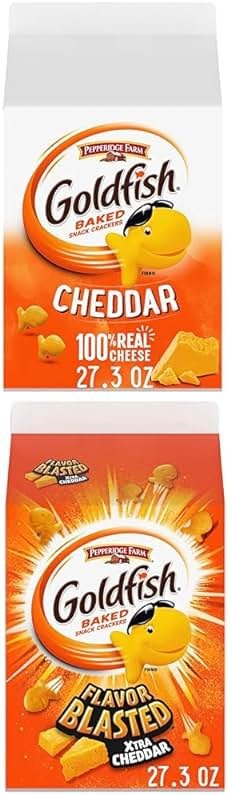 Goldfish Cheddar Cheese Crackers, 27.3 oz Carton and Goldfish Flavor Blasted Xtra Cheddar Cheese Crackers, 27.3 oz Carton - Product Image