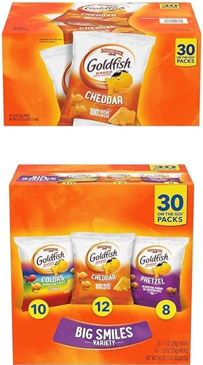 Pepperidge Farm Goldfish Cheddar Crackers, 1.5 oz. Snack Packs, 30 Count and Goldfish Crackers Big Smiles Variety Pack with Cheddar, Colors, and Pretzels, Snack Packs, 30 Ct - Product Image
