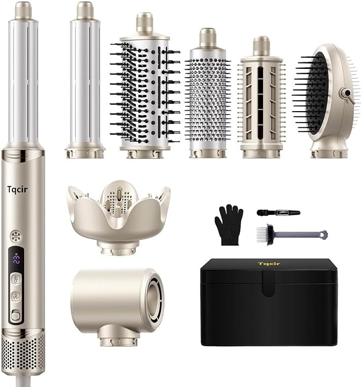 Tqcir 8-in-1 Professional Hot Air Styler&Hair Dryer Brush, Powerful Multi-Styler with Auto-Wrap Curler with Storage Case, Fast Drying Curling Straightening Volumizing Without Heat Damage(Gold) - Product Image