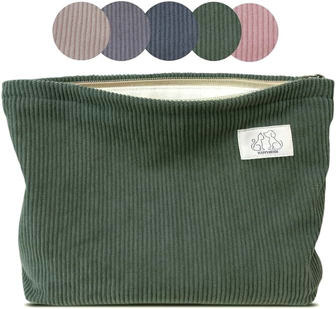 HAPPYHEIDI Corduroy Makeup Bag with Compartment Cosmetic Toiletry Travel Pouch, Make Up Accessory Organizer, Zipper Closure, Canvas Lined - Product Image