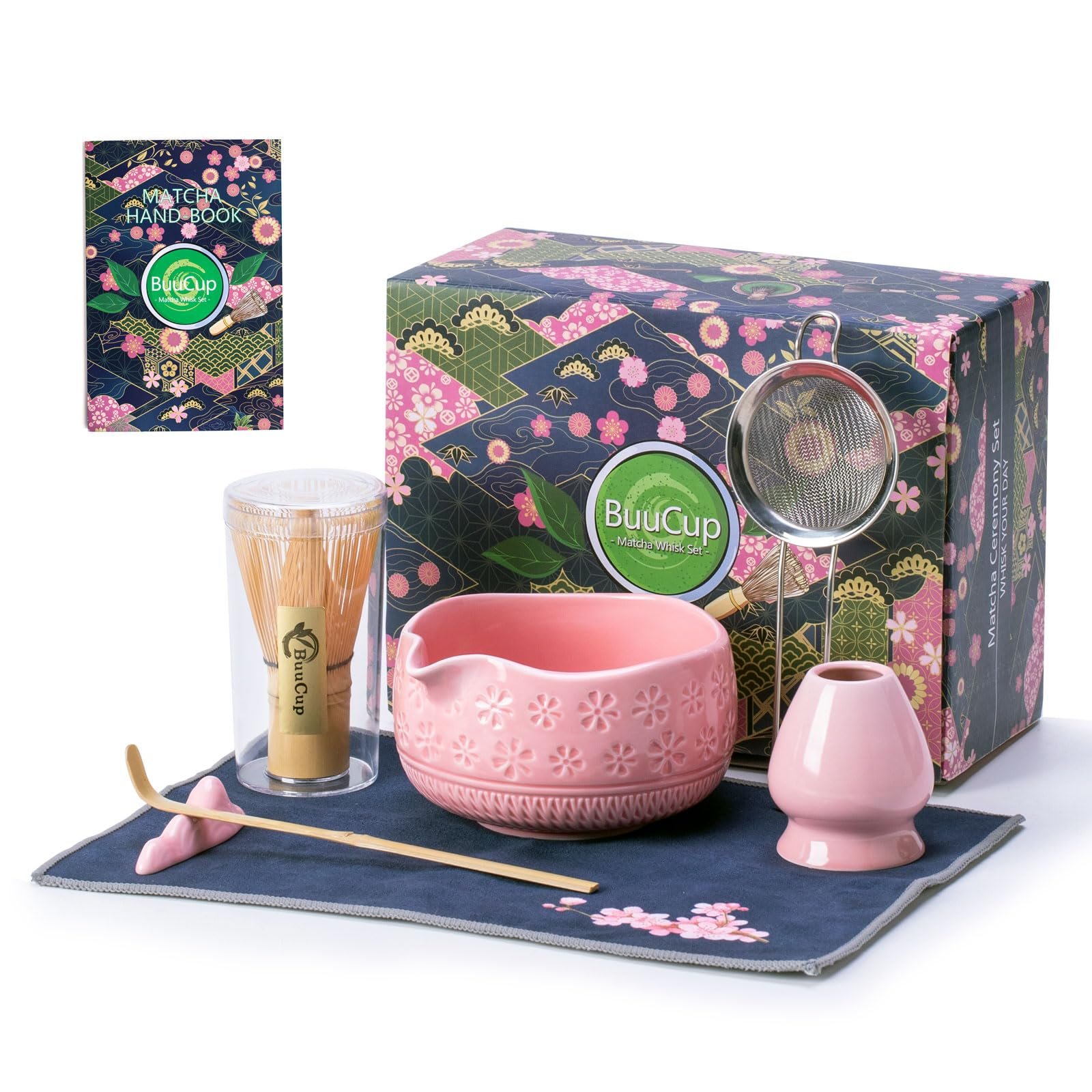 Buucup Matcha Whisk Set, Ceramic Matcha Kit Set Includes Matcha Bowl, Matcha Whisk and Holder, Bamboo Scoop, Scoop Rest, Sifter and Tea Towel - 7 Pcs Matcha Kit for Matcha Lovers (Pink) - Product Image