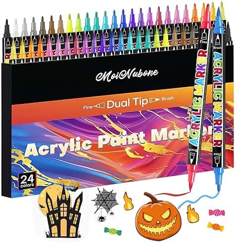 MoiNubone 24 Colors Dual Tip Acrylic Paint Markers, Premium Acrylic Marker Paint Pens for Rock Painting, Canvas, Stone, Wood, Glass, Coloring, Easter Basket Stuffers, DIY Crafts & Art Supplies - Product Image