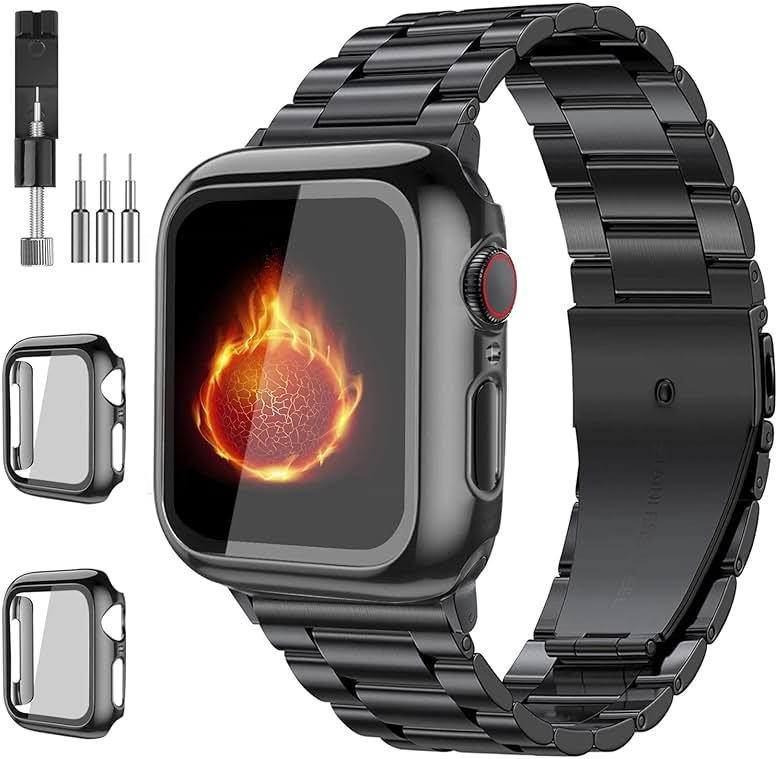 Bekomo Compatible with Apple Watch Band 49mm 46mm 44mm 45mm 42mm 40mm 38mm 41mm, Stainless Steel iWatch Bands with 2 Pack Tempered Glass Case for Series 11/10/9/Ultra 3 2/8/7/6/5/4/3/2/1/SE for Men - Product Image