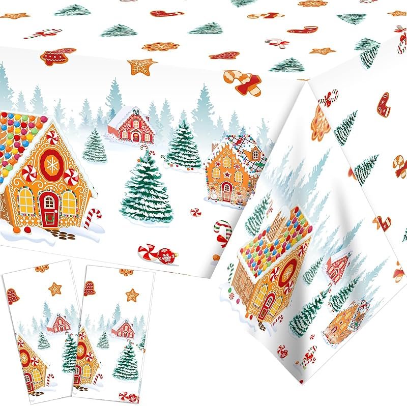 PHOGARY 2 Pack Christmas Tablecloths Gingerbread Tablecloth, Gingerbread House Tablecloths Disposable Christmas Plastic Tablecloth for Winter Holiday Party Ginger Bread Xmas Decorations 51"X86" - Product Image