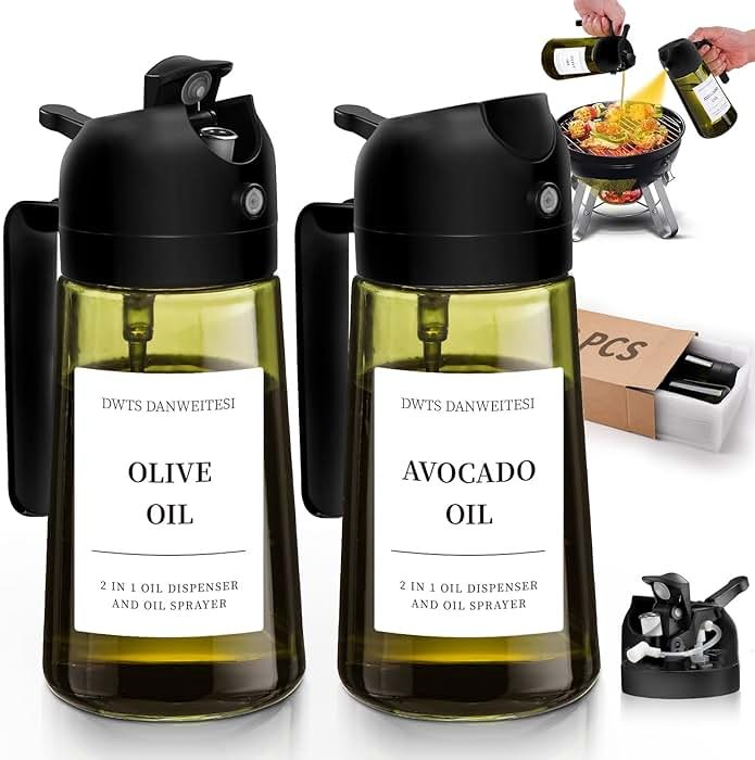 DWTS DANWEITESI Oil Sprayer for Cooking 2pcs,2 in 1 Oil Dispenser and Oil Sprayer Kitchen Gadgets,16oz Dark Green Glass Oil Spray Bottle(Light Blockage),Perfect Kitchen Accessories - Product Image