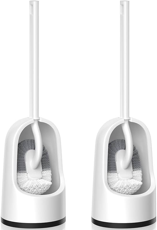 Toilet Brush, 2 Pack Toilet Brush and Holder Set with Durable Curved BristlesToilet Scrubber, Toilet Bowl Brush with Extra Long Handle,Toilet Cleaner with Caddy for Bathroom Deep Cleaning (2, White) - Product Image