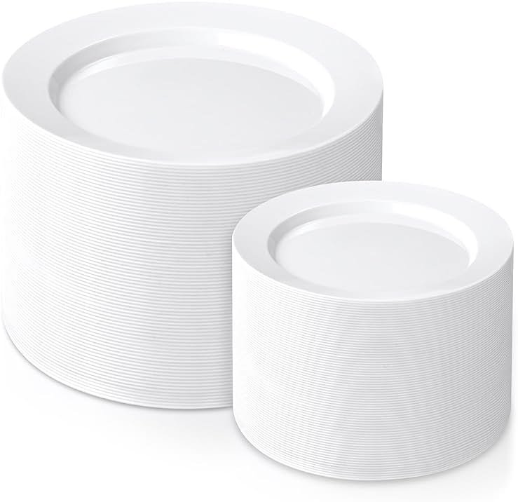FLOWERCAT 200PCS White Plastic Plates Disposable Plates for Party - White Bulk Plastic Plates - 100 10" Dinner Plates and 100 7" Salad Plates for Wedding & Summer Parties and Events - Product Image