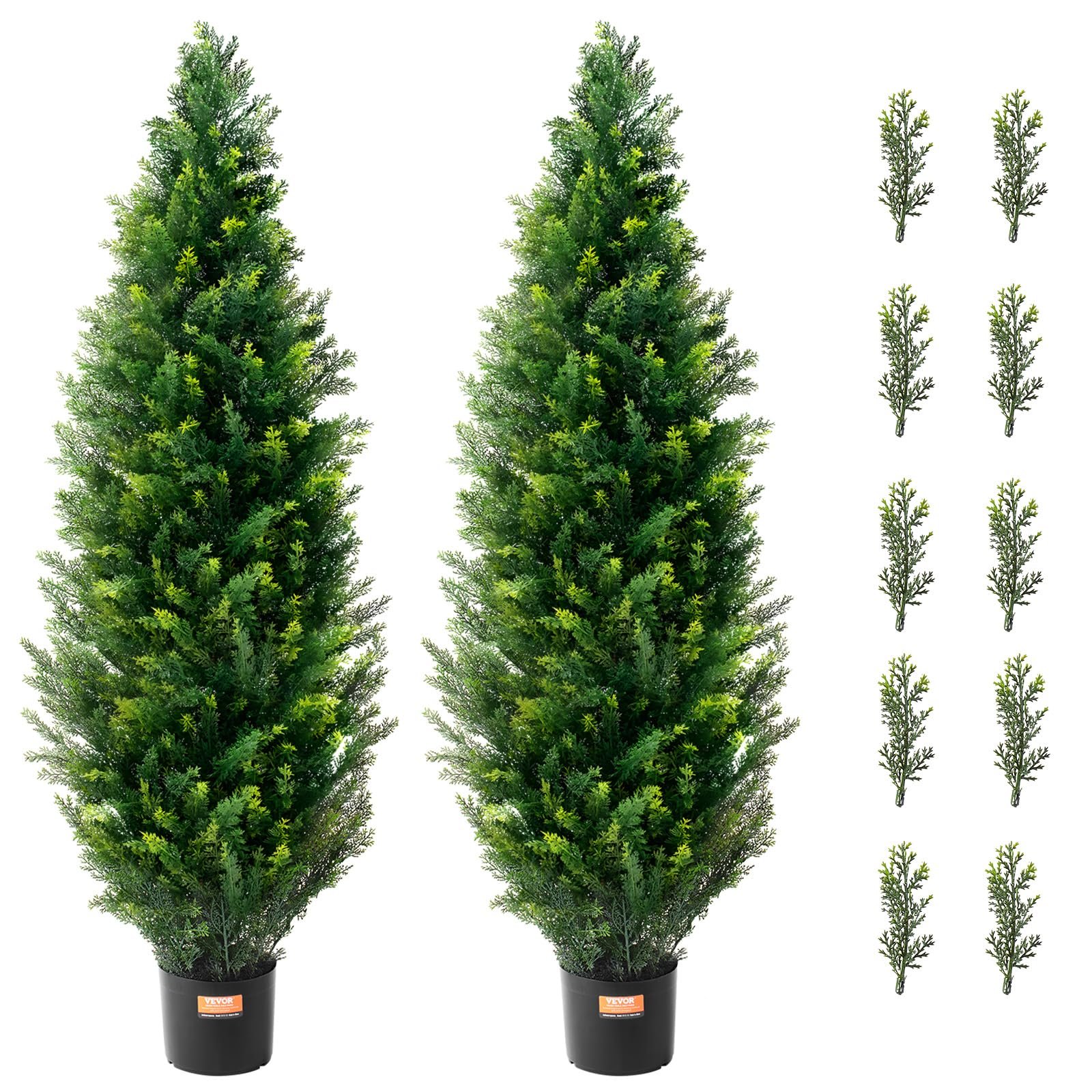 VEVOR Artificial Topiary Cedar Tree, 48 inch Tall (2 Pieces), with Extra Leaves & Pot Faux Evergreen Fake Pine Cypress Trees Plant, UV Rated Artificial Greenery Set for Home Decor Indoor/Outdoor - Product Image