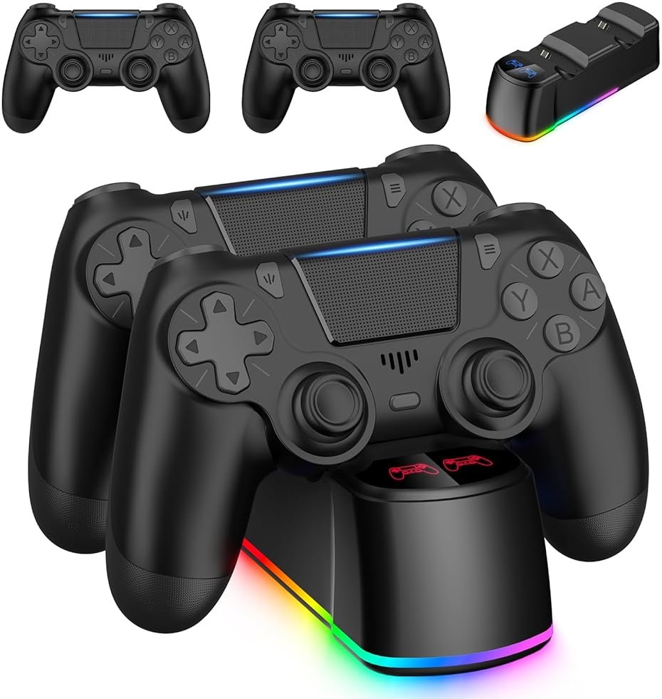 Fisherg 2 Pack Controllers with Charging Dock Station for PS4 Controller, Wireless Controller Compatible with PS4/Pro/Slim Consoles, with LED Charging Dock, Black - Product Image