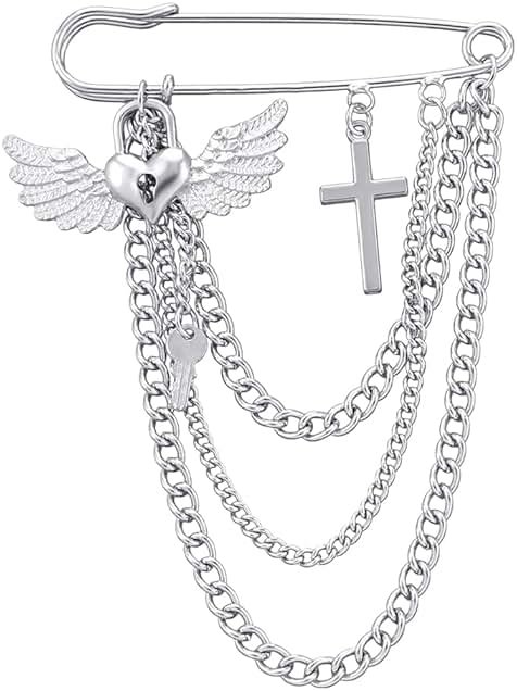 Safety Pin Brooch with Hanging Chains Charms Decorative Punk Goth Collar Brooches Pin for Sweater Dress Skirt Tie Pins Emo Pins - Product Image