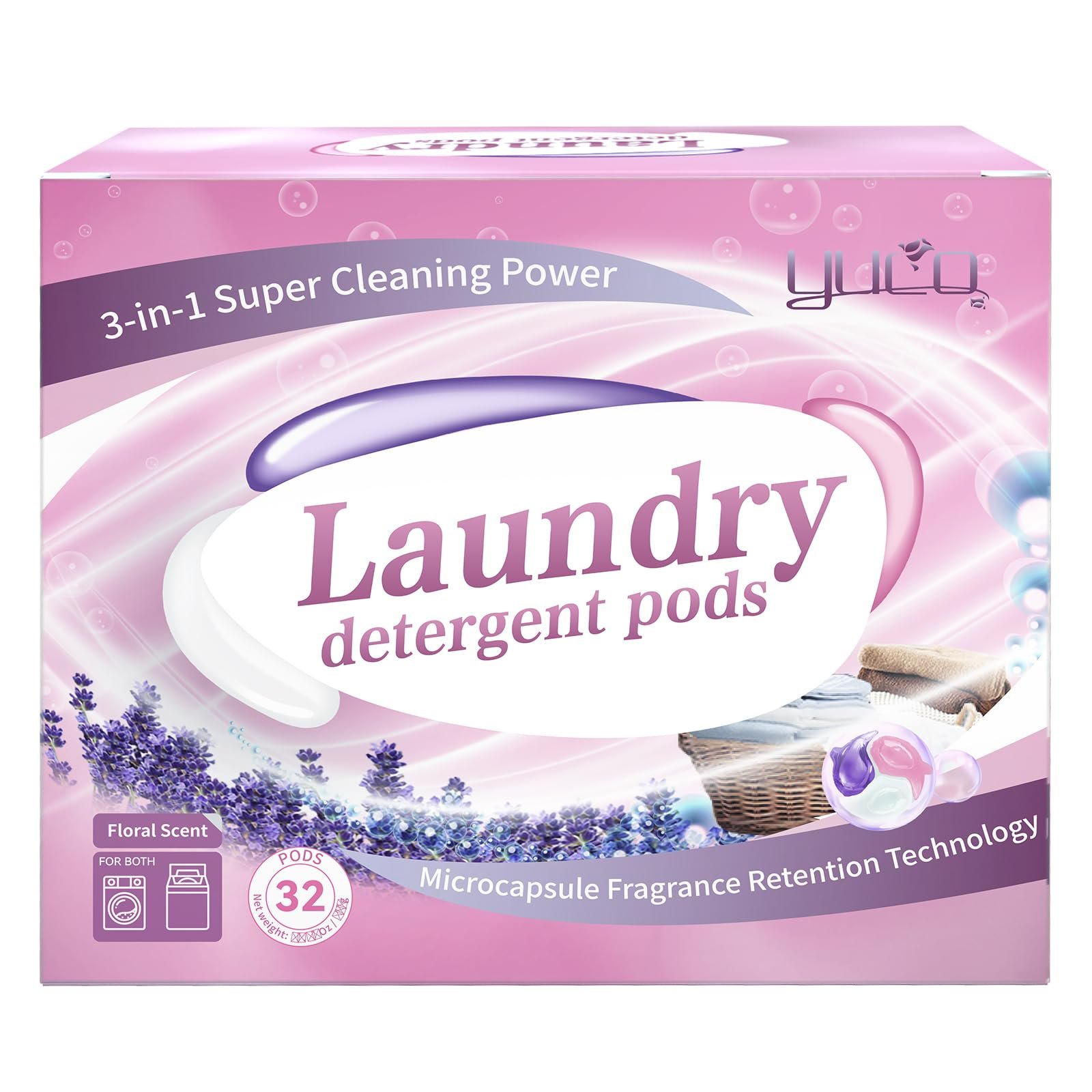 YUCO Pods Laundry Detergent Hypoallergenic, 3IN1 Super Cleaning Power, Microcapsule Fragrance Retention Technology (Floral Scent,1 Box of 32 Pod,Net 15g/pod,Net 480g) - Product Image