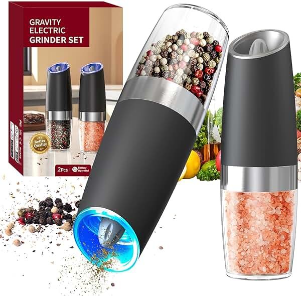 CIRCLE JOY Gravity Electric Salt and Pepper Grinder Set Automatic Salt and Pepper Grinder Set with LED Light, Battery Operated, Adjustable Coarseness, Large Capacity, for Home Kitchen BBQ, Black - Product Image