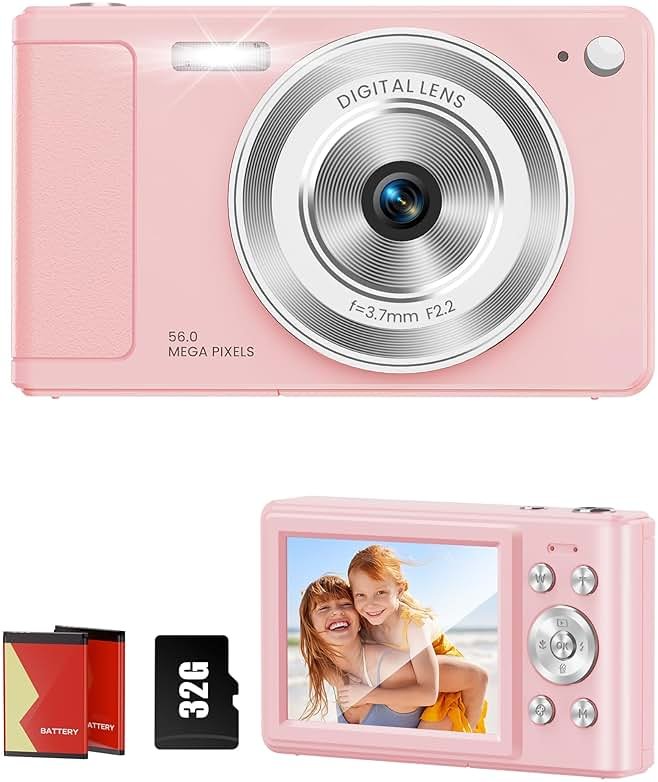 Digital Camera 56MP 1080P Point & Shoot Camera 32GB SD, 2 Batteries Lanyard | Type-C Cable, Camera Bag Included, 20 Photo Filters, Burst Mode, Girls & Kids Aged 3+， Ideal for Teens, 1-Year Support - Product Image