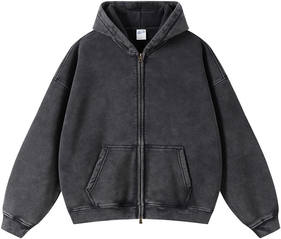 DXSHCV Oversize Men's Vintage Hoodie Zip Up Long Sleeve Sweatshirt with Pockets Acid Wash Streetwear Fleece Hoodies Jacket - Product Image