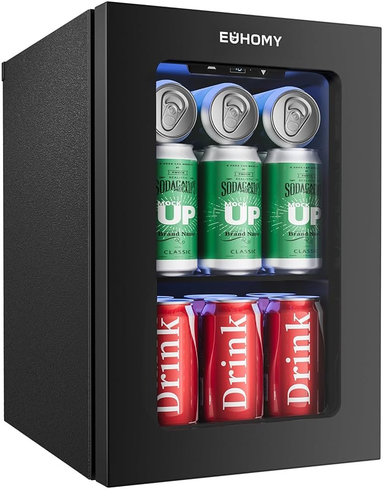 EUHOMY 18L Beverage Refrigerator Cooler, 24 Cans Mini Fridge with Quiet Compressor, Countertop Small Fridge with 40°F-61°F Digital Temperature Control, LED Lgiht for Home, Bar, Office - Product Image