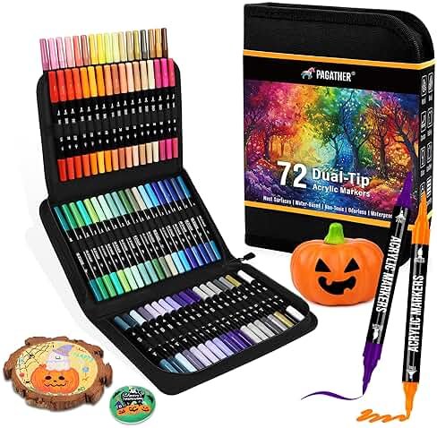 Pagather 72 Colors Acrylic Paint Markers, Dual Tip with Fine Tip and Brush Tip Pens for Stone, Wood, Calligraphy, Canvas, Ceramic, Metal, Glass, Rock Painting, DIY Crafts Art Supplies Kit - Product Image