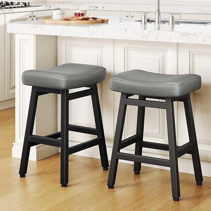 Raynesys Counter Height Bar Stools Set of 2, 24 Inch Barstools for Kitchen Counter, Kitchen Stools with Bonded Leather Saddle Seats & Heavy Duty Metal Legs, Easy Assembly, Gray/Black - Product Image